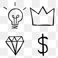 Black brainstorming png icons with doodle art design set