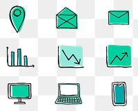 Green business icons png with doodle art design set