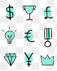 Green png currency symbols icons doodle set