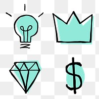 Green brainstorming png icons with doodle art design set