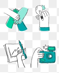 Green hand drawn brainstorming png icons doodle art design set