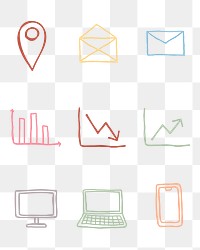 Colorful business icons png with doodle art design set