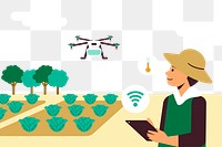 Farmer controlling agricultural drone png with a tablet digital farming