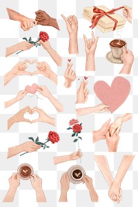 Romantic couple hand gestures png for Valentine&rsquo;s day design elements set