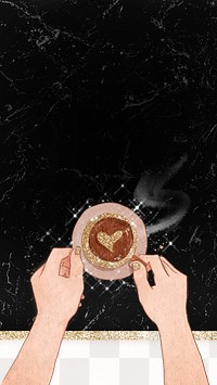 Cute heart on coffee png black glittery marble texture background