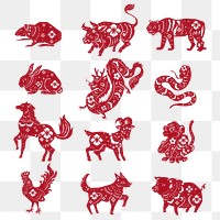 Chinese horoscope animals png red new year stickers set