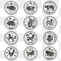 Chinese animal zodiac badges png black new year stickers set