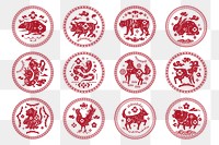 Chinese horoscope animals badges png red new year design elements set