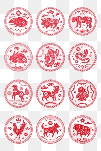 Chinese animal zodiac badges png red new year design elements set