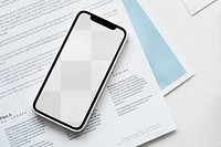 Phone png mockup transparent screen, flat lay on papers, digital device design