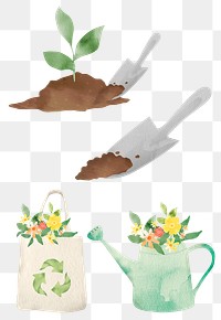 Gardening png in watercolor design element set