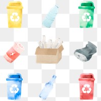 Png recyclable trash in watercolor design element set