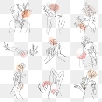 Png floral woman abstract line art pastel illustration set