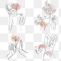 Png floral woman abstract line art pastel illustration set