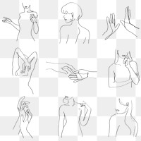 Png woman’s body gestures feminine line art black illustration set