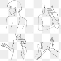 Png woman’s body gestures feminine line art black illustration set