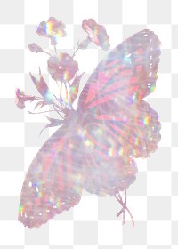 Pink holographic butterfly and flowers design elements