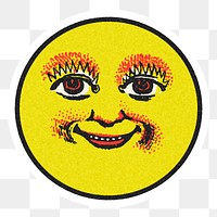 Vintage yellow round happy emoji sticker with white border