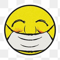 Vintage yellow round emoji with face mask sticker with white border