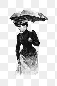 PNG Woman wearing a vintage European style attire with an umbrella, transparent background