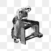 PNG European woman working with vintage scutcher machine engraving, transparent background
