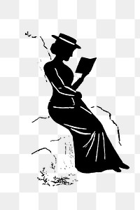 PNG Drawing of a lady reading a book in silhouette, transparent background