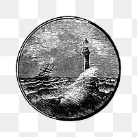 PNG Drawing of a stormy sea and a lighthouse, transparent background