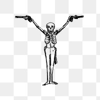 PNG Drawing of a skeleton holding guns, transparent background