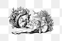 PNG Drawing of a squirrel and forest nymphs, transparent background
