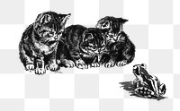 PNG Drawing of kittens and a toad, transparent background