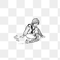 PNG Drawing of a kid playing train toys, transparent background