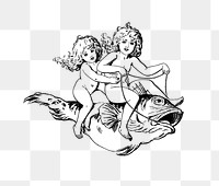 PNG Drawing of kids riding a fish, transparent background