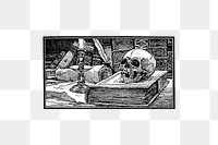 PNG Drawing of a skull and a book, transparent background