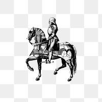 PNG Vintage Victorian style armored knight riding a horse engraving, transparent background