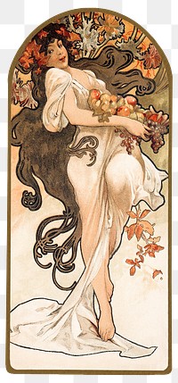Png art nouveau woman with fruits, remixed from the artworks of <a href="https://www.rawpixel.com/search/Alphonse%20Maria%20Mucha?sort=curated&amp;page=1">Alphonse Maria Mucha</a>