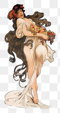 Png art nouveau lady with fruits, remixed from the artworks of <a href="https://www.rawpixel.com/search/Alphonse%20Maria%20Mucha?sort=curated&amp;page=1">Alphonse Maria Mucha</a>