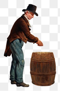 A man standing in old-fashioned clothes with wooden barrel transparent png