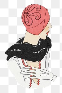 Png woman in pink hat and scarf, remixed from vintage illustration published in Art–Goût–Beauté