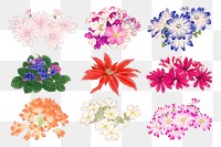 Png vintage flower sticker, Japanese art painting on transparent background set