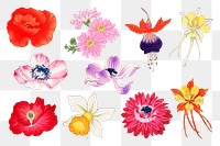 Png vintage flower sticker, Japanese art painting on transparent background set