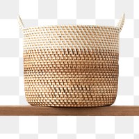 Rattan basket png mockup on wooden shelf