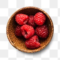 Raspberry in wooden bowl png transparent background