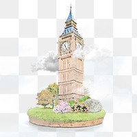 Watercolor Big Ben png illustration, London clock tower with floral design, transparent background