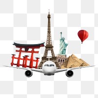 World travel png background, famous landmarks with airplane remixed media 