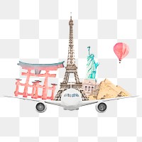 World travel watercolor png transparent background, attractions illustration