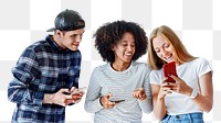 Diverse friends png using phone, social media concept, transparent background