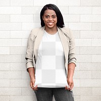 Casual tshirt mockup png transparent, worn by a young woman