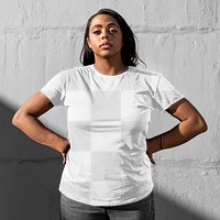 Casual tshirt mockup png transparent, worn by a young woman