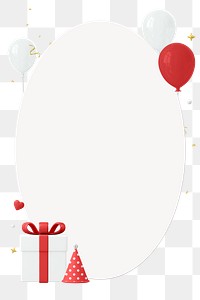 Birthday png frame, 3d style, red gift box, balloon, and party hat, transparent background