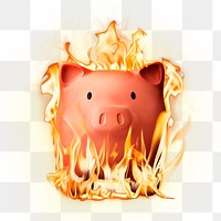 Flaming piggy bank png, 3D clipart, neon grunge design on transparent background